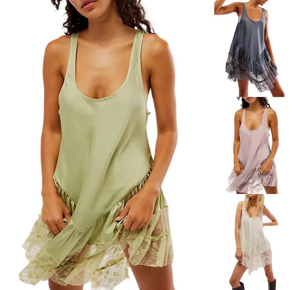 Women Lace Flowy  Dress Sleeveless Backless Low Cut Slip Dress A Line Short Dress Boho Sundress