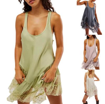 Vestido fluido de encaje para mujer, sin mangas, espalda descubierta, corte bajo, vestido lencero, corte A, vestido corto, vestido veraniego bohemio