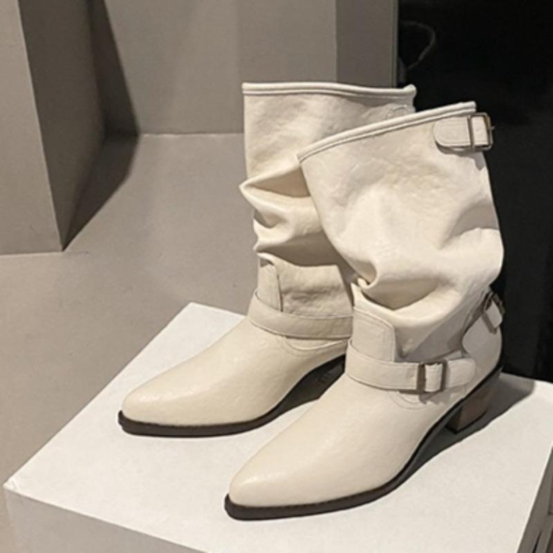 Fashion Metal Belt Buckle Block Heel Single Boots Women's Fashion Pointed Toe Pleated Anti-Slip Wear-Resistant Mid-Tube