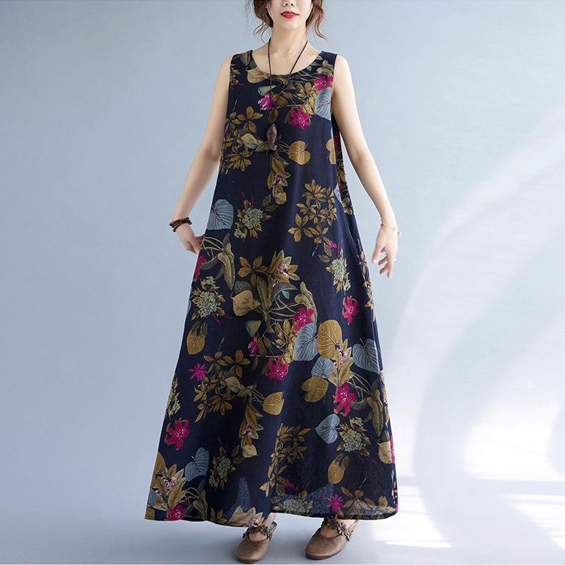 

Sleeveless O Neck Printed Summer Dress Large Size Fashion Women Sweet A-line Party Long Dresses Elegant Holiday Casual Loose Clothing 5XL темно-синього кольору