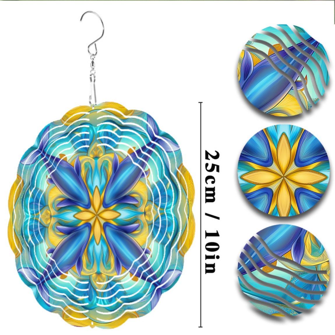 

Подвеска-колокольчик ветра с крючком 360 градусов, сине-желтый цветочный дизайн, 25 см, металлическое садовое искусство для декора газона на открытом воздухе, весна-лето 01A