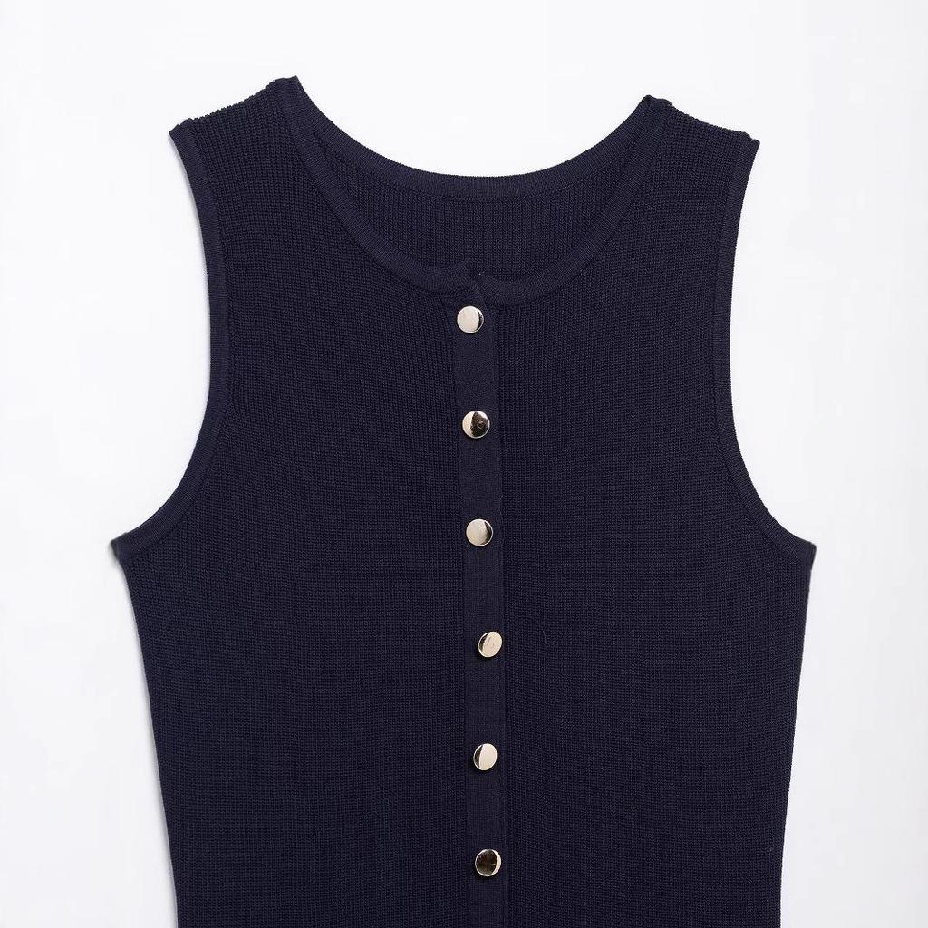 2025 Spring Women's European & American Slim Knit Sleeveless Single-Breasted High-Waisted Dress