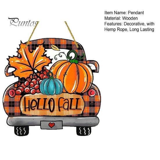 Retro Plaid Pickup Truck Decor Hello Fall Wooden Hanging Sign, Ornaments, Wall Pendant Front Door with Pumpkin And Maple Leaf for Autumn Harvest