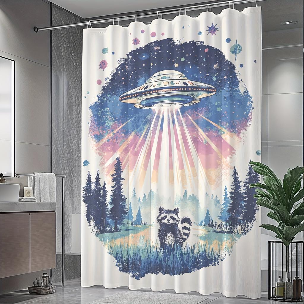 Retro Sci-Fi UFO & Raccoon Shower Curtain - Whimsical Space Theme, Digital Print,  Includes Hooks, Machine Washable