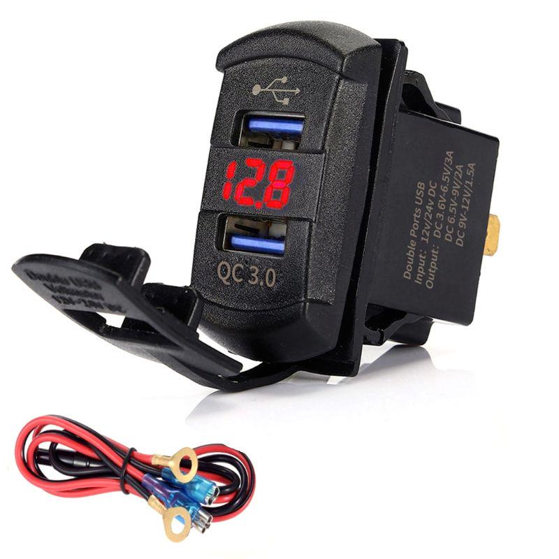Quick Charge 3.0 Dual USB Rocker Switch QC 3.0 Fast Charger LED Voltmeter for Boats Car Truck Motorcycle Smartphone Tablet