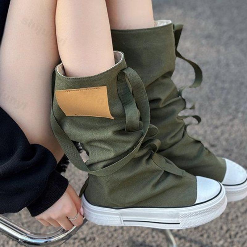 Fashion 2025 New High Top Woman Canvas Shoes Women's Spring Autumn Boots Wide Barrel Mid Barrel Boots Trouser Barrel Stacking Boots
