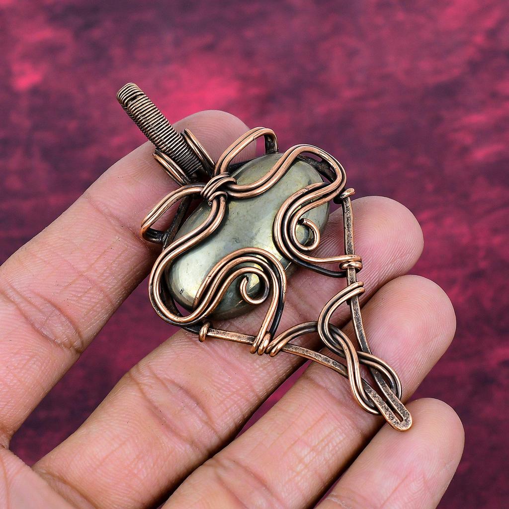 Pyrite Gemstone Pendant Handmade Pendant Copper Wire Wrapped Designer Jewelry