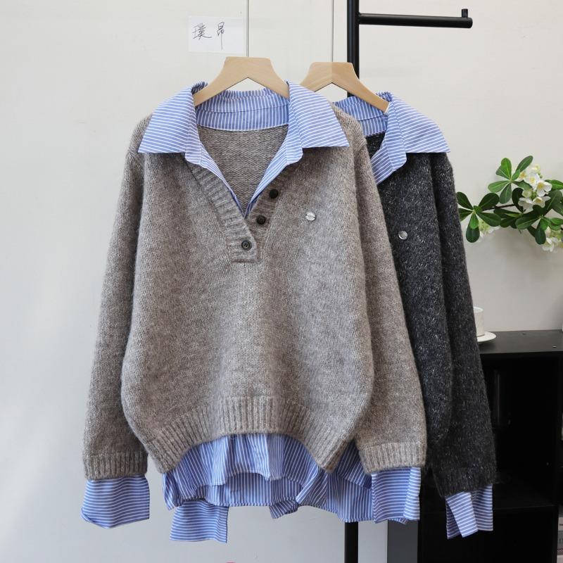 Splicing Shirt Fake Two-piece Knitted Sweater Top Autumn and Winter New Design Sense Loose and Thin Sweater Pullover Woman
