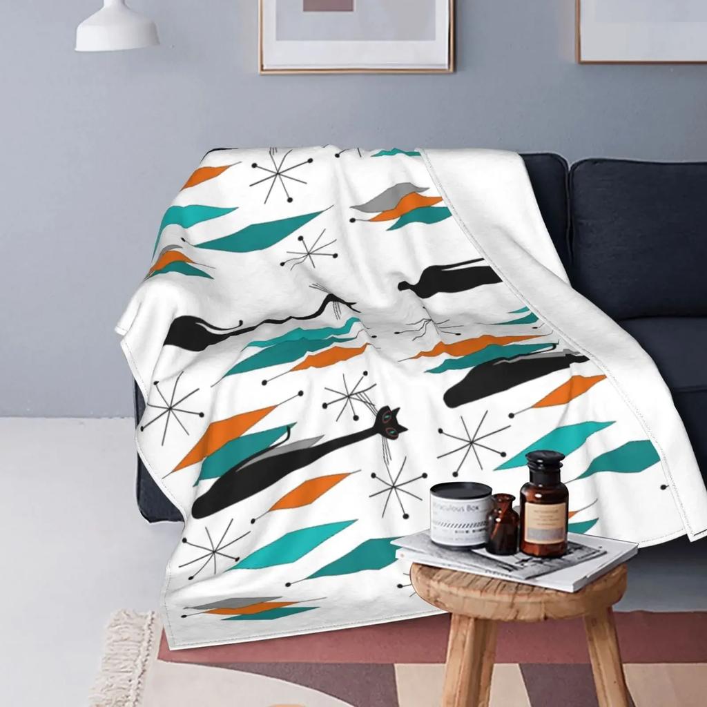 Cute Black Cat Blankets Soft Warm Flannel Mid Century Meow Retro Atomic Kitties Throw Blanket for Bedding Couch Bedspread, Gifts
