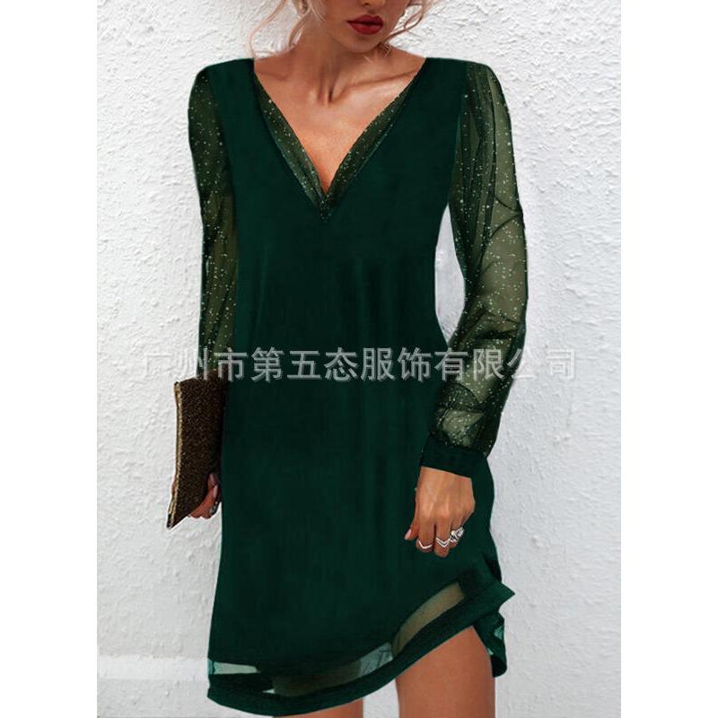 Spring and Autumn New European and American Women's Clothing Sequined Mesh Sleeve V-Neck Pullover Top Fashion Splicing Temperament Dress