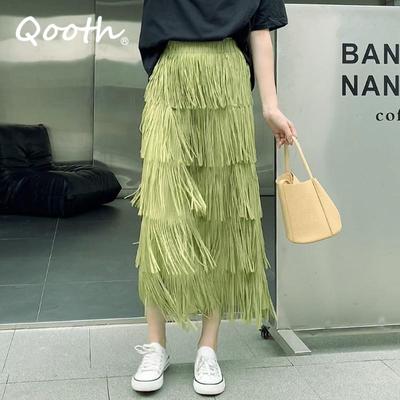 Frauen Quaste Spleißen Plissee Rock Elegante Elastische Taille Alle Spiel A-line Lange Rock Für Frühling Sommer QT2140