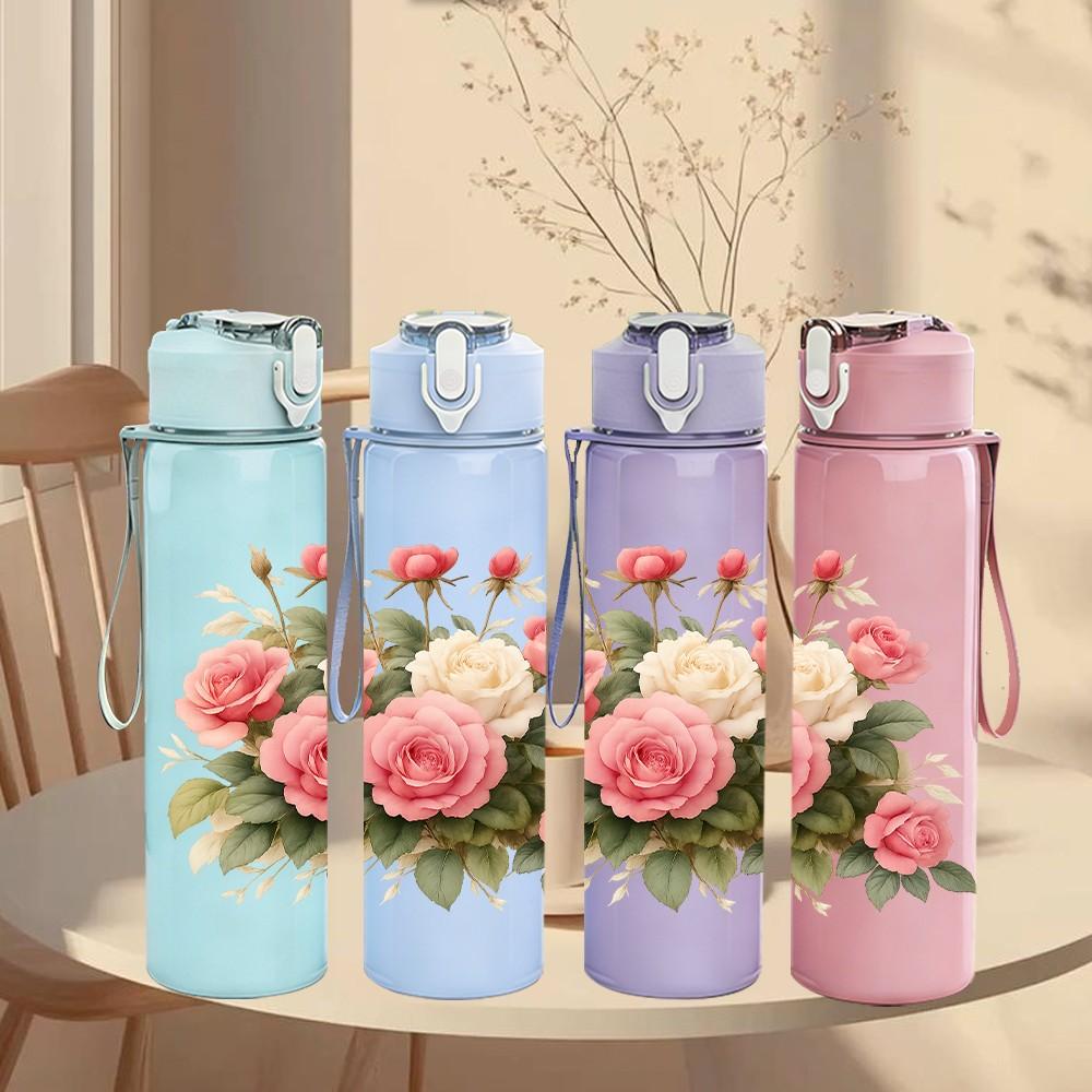 1PC Pink Rose Flower Bouquet Pattern 750ml Color Plastic Sports Water Bottle Leakproof Flip Straw Lid Suitable for Sports Office Home Use