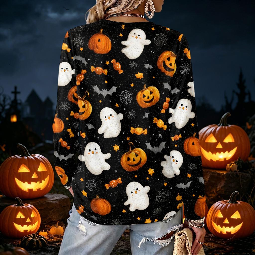 Women's V-Neck Long Sleeve Halloween Print Lightweight Blouse for Fall Parties and Everyday Wear