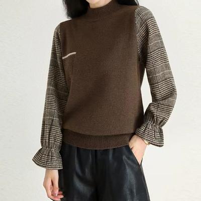 Splicing Fake Two Piece Pullover für Damen Herbst Winter Langarm Halbhoher Hals Bequemer lässiger Strickpullover Vielseitig