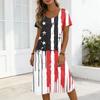 Damen Sommer Maxikleid mit kurzen Ärmeln, lockerem Schnitt, Stern- und Streifenprint, lässig, Rundhalsausschnitt, mit Taschen