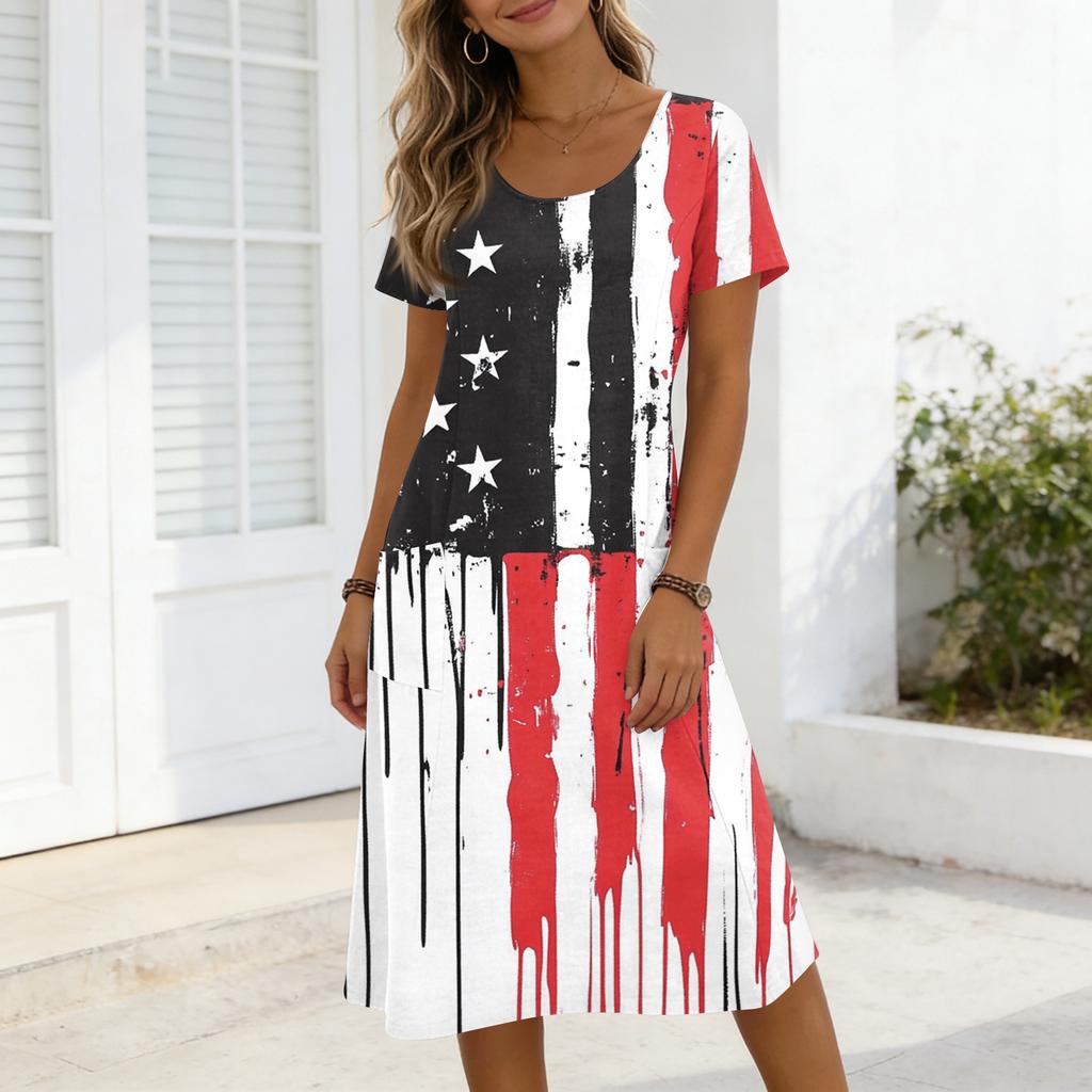 Damen Sommer Maxikleid mit kurzen Ärmeln, lockerem Schnitt, Stern- und Streifenprint, lässig, Rundhalsausschnitt, mit Taschen