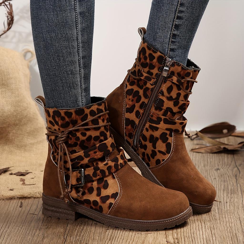 Plus Size Square Heel Suede Short Cargo Boots Women's New Side Zipper Round Toe Motorcycle Boots