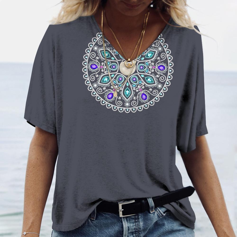 Summer Mandala Gradient 3D Print T-shirt Women Streetwear Fake GlitterT Shirts Tops Woman V-Neck Tees Oversized Clothing