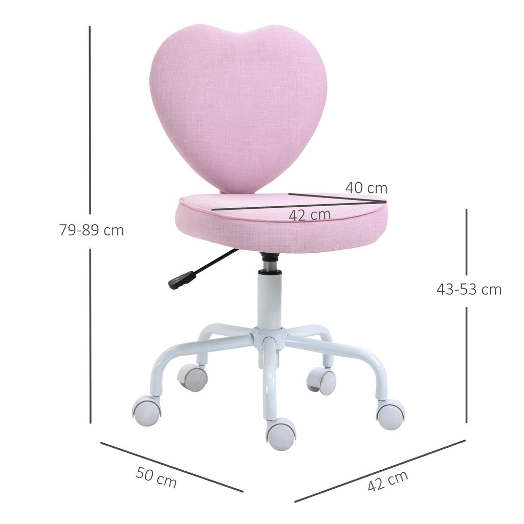 Silla giratoria, Bonito diseño de corazón, Altura regulable, Funda de tela con aspecto de lino, Rosa, 42 x 50 x 79-89 cm