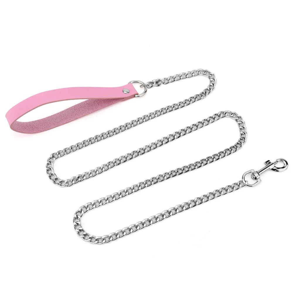 Classic Metal Dog Leash,Chew Proof Pet Leash Chain with Leather Padded Handle & Alloy Hook for Small Large Medium Dogs Outdoor Training