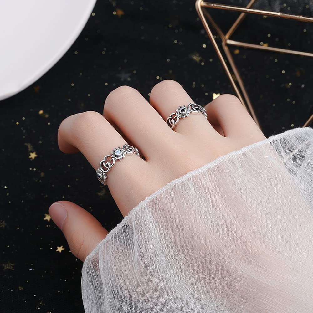 Free Flower English Adjustable Amulet Pure Accessory [Rockyu] Women's Ring, Size, Stylish, Blue, Zirconia, Ring, G, Openwork, Size, Ring, Silver,