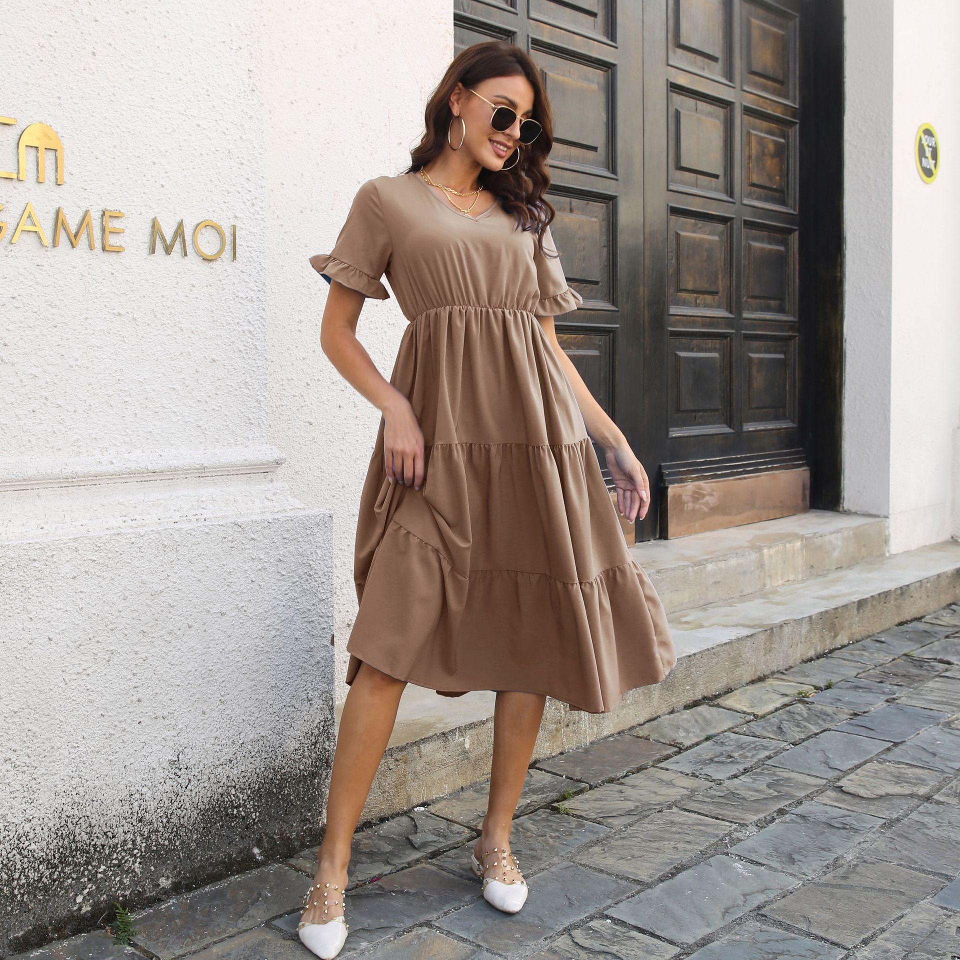 

GMXIA женские модные летние весенние однотонные повседневные платья с короткими рукавами и v-образным вырезом и высокой талией XL коричневый