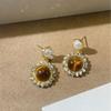 Retro Luxury Tiger Eye Round Pearl Diamond Stud Earrings - Elegant and Exquisite, High-End Niche Design.