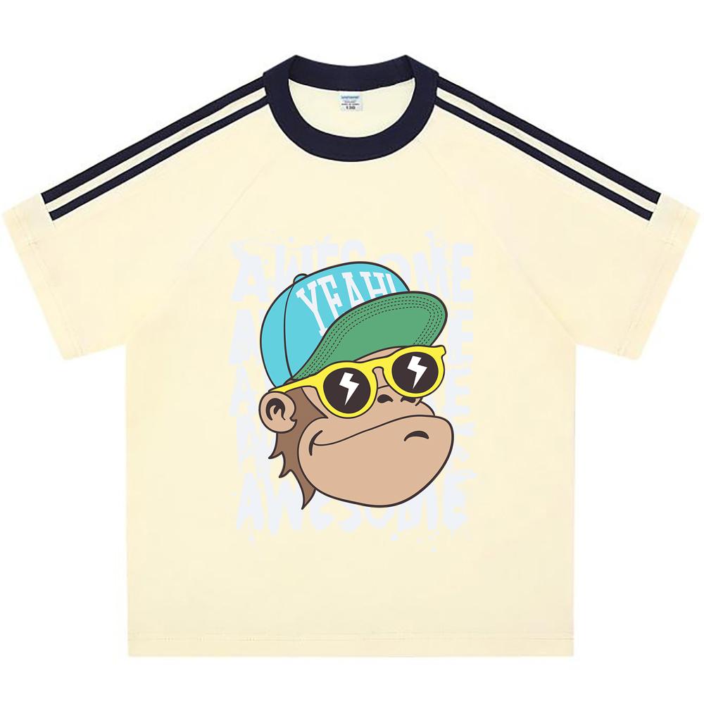 

Kids 100% Cotton T-shirts Boys And Girls 200 GSM Cotton Tees ool monkey playing a drum Cartoon Print Child Tshirts 110 абрикосовый