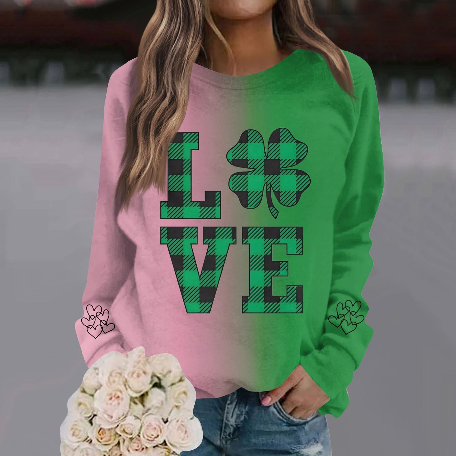 

Женская мода повседневная с круглым вырезом свободный длинный рукав St. Свитшот с градиентным принтом ко Дню Святого Патрика L армия зеленый