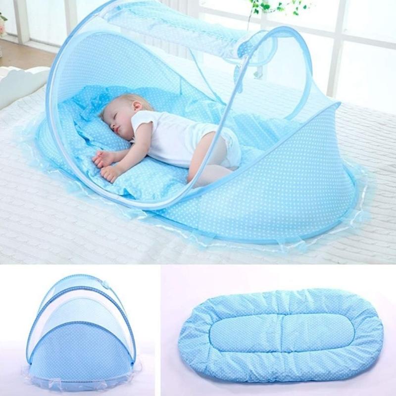 Breathable Fly Proof Baby Bed Net Foldable Compact with 3cm Sleeping Pad and Cotton Pillow for Newborns Safety
