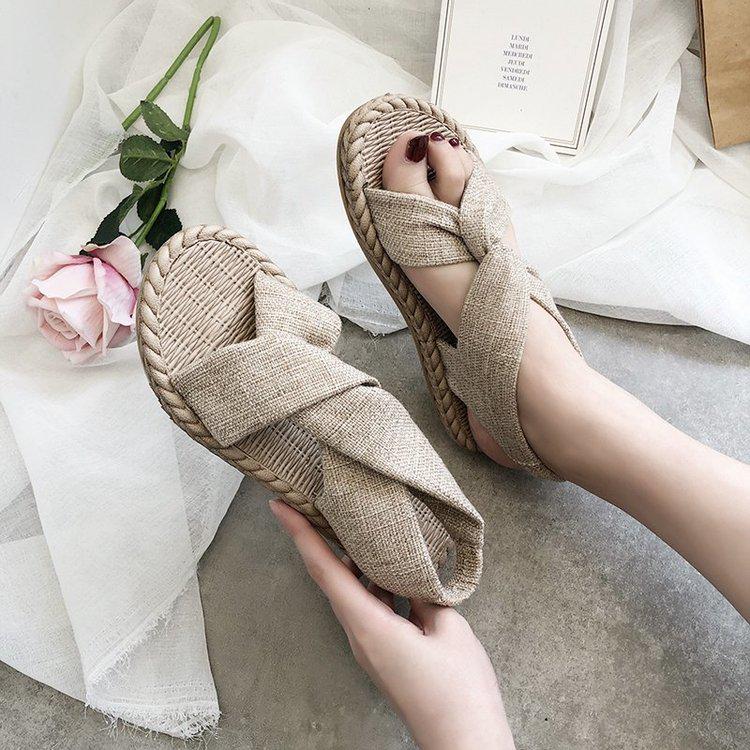Women's Summer Roman Sandals - Woven Straw Linen with Elastic Band