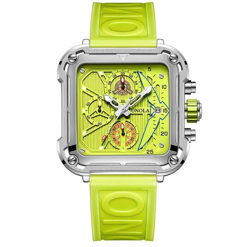 

ONOLA Luxury Watches for Men Silicone Strap Multifunctional Unique Square Design Fashion Quartz Sports Watch Men Waterproof срібний/зелений