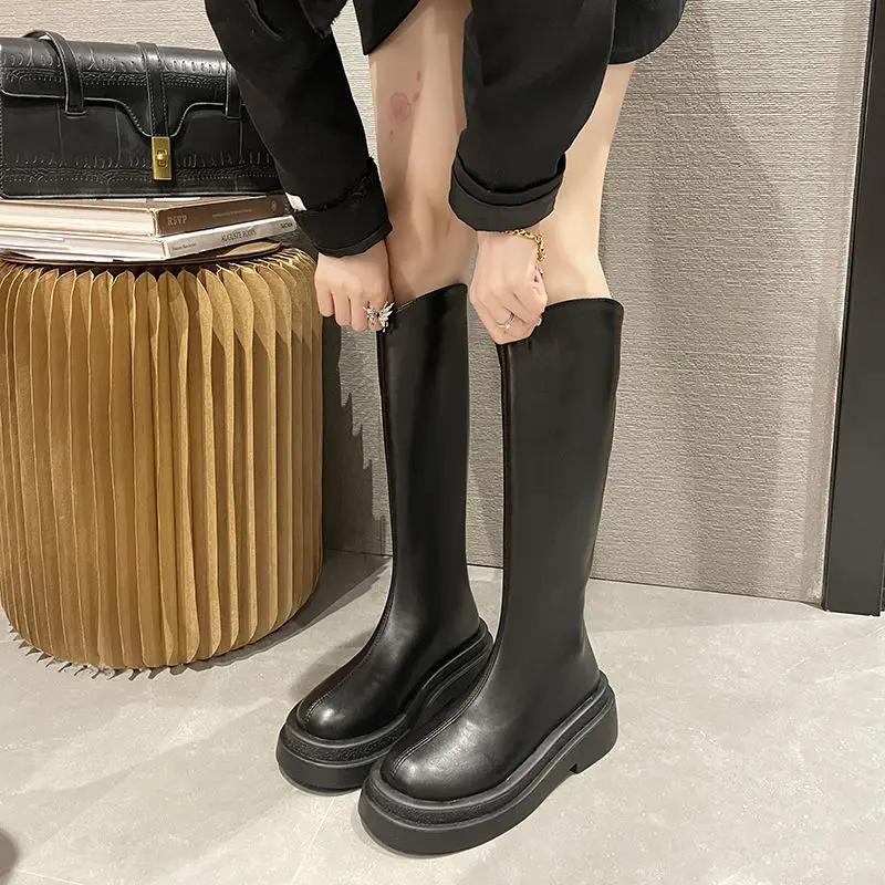 Fashion Middle Heel Long Boots for Women Hot New In Trend 2024 Demi-season Work Waterproof Winter Novelty Pu Knee High Shaft Shoes Woman