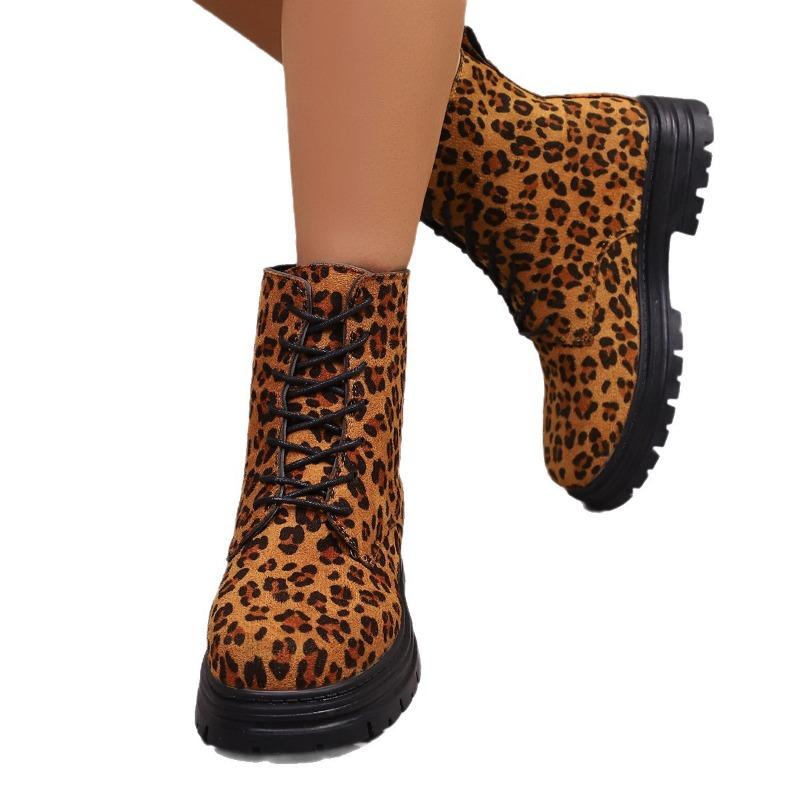 Buty plus size, Botki na grubym obcasie z okrągłym noskiem, Damskie ocieplane sznurowane jesienno-zimowe botki damskie