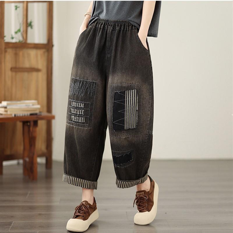 Plus size Vintage broderi hög midja vardaglig lös Dam vår sommar höst jeans denim vida ben Byxor