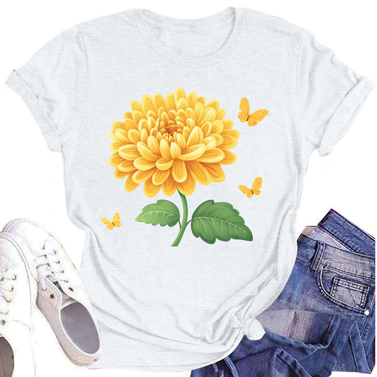 

Женская повседневная футболка с круглым вырезом и цветочным принтом, короткий рукав XL белый