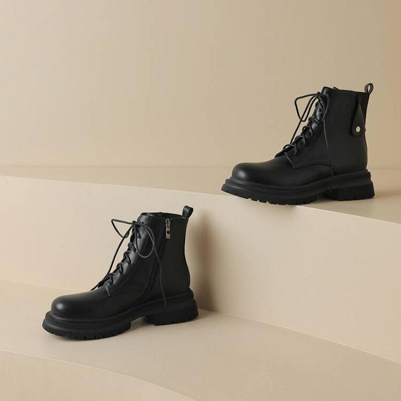 Damen Ritterstiefel für Herbst und Winter, vorne geschnürt, mittlerer Absatz, dicke Sohle, große Größen, quadratischer Absatz, runde Spitze, koreanische Version, einfarbig