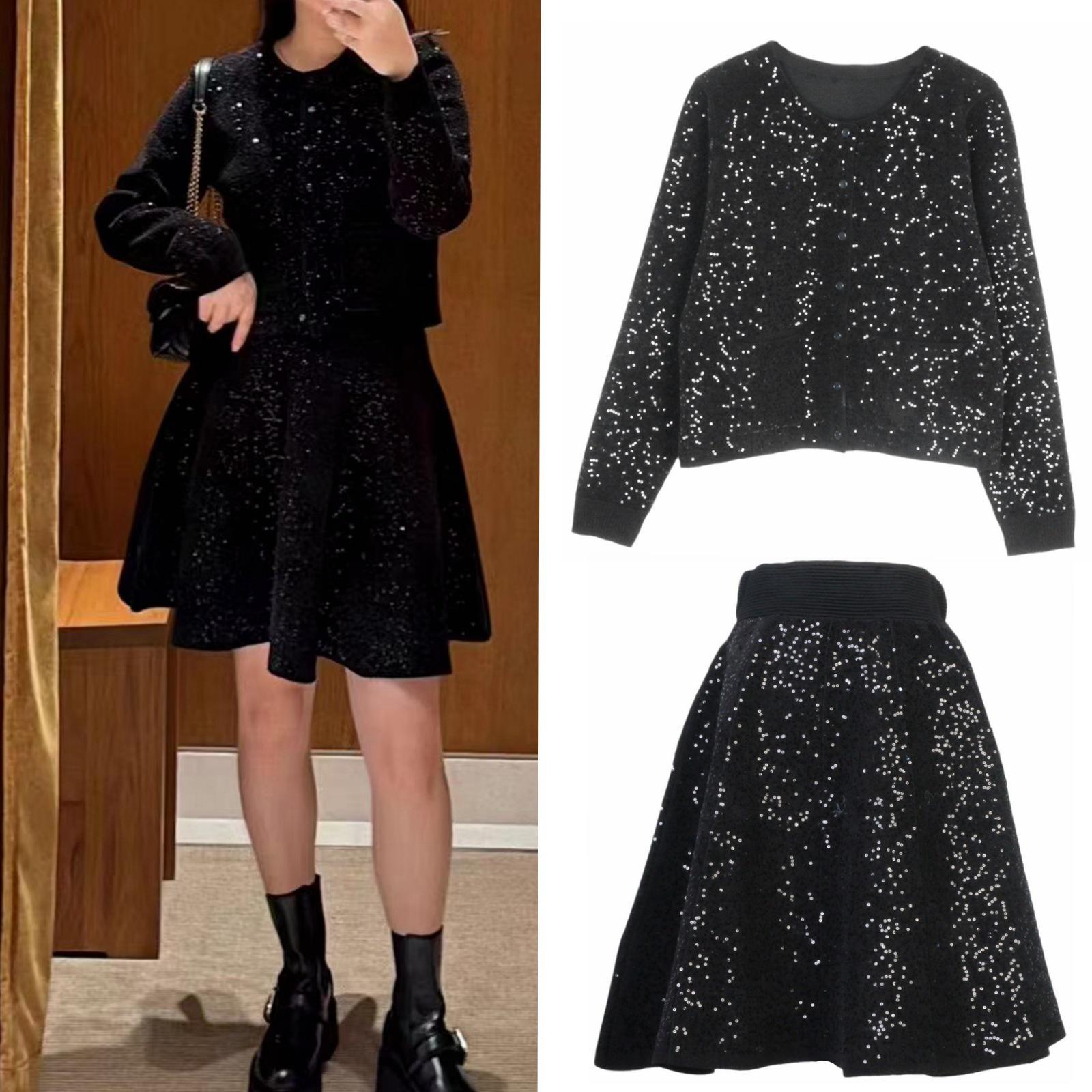 

French S-Style Sequin Knit Cardigan & Midi Skirt Set – Autumn/Winter Collection Small