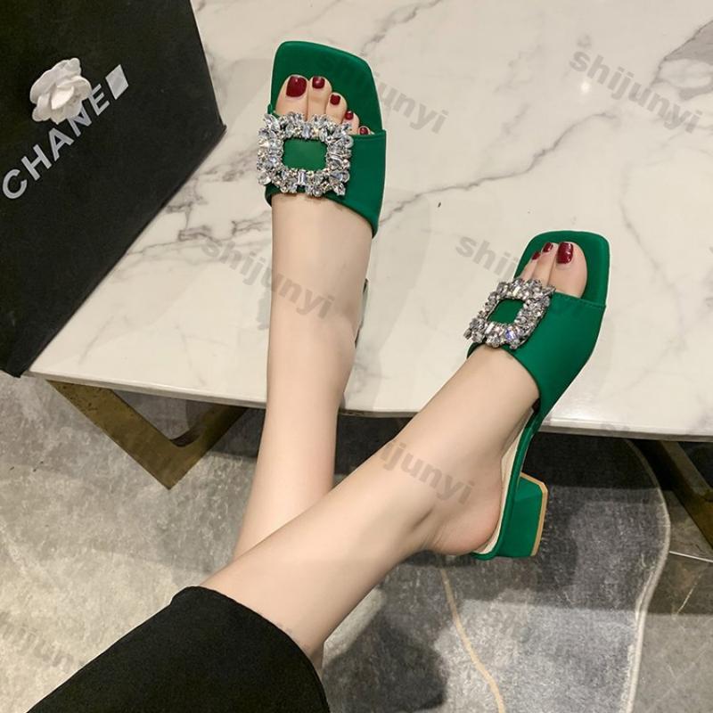 Women's Thick Slippers Summer New High Heels Square Head Open Toe Flip-flops Casual Fashion Sweet Diamond Square Buckle Sandals