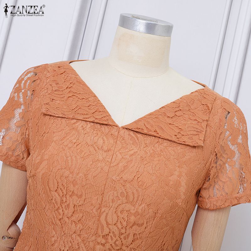 ZANZEA Women Casual V-Neck Short Sleeve Hollow Lace Patchwork Elegant Dress