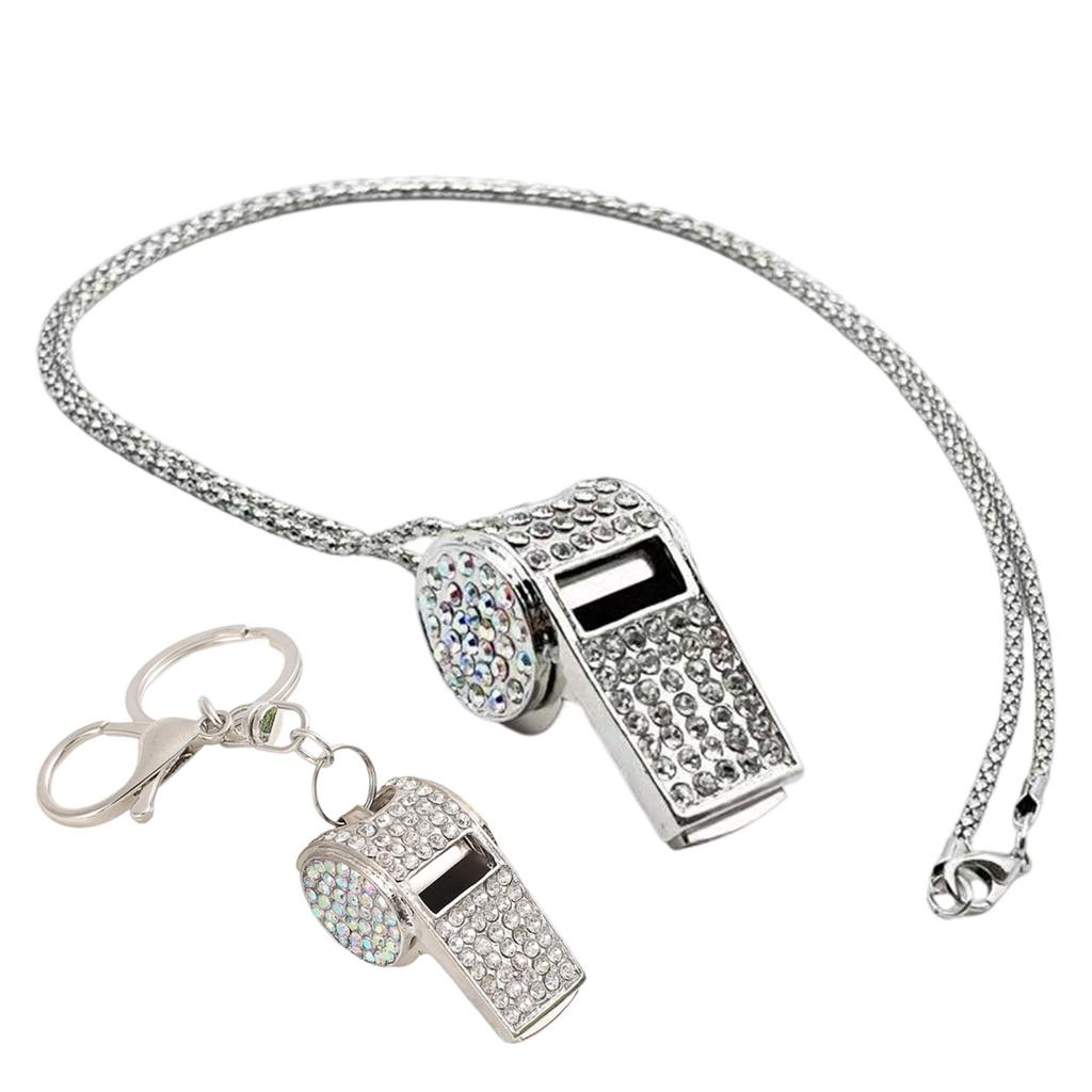 2-Piece Rhinestoned Whistle Keychain and Necklace Set with Zinc Alloy Construction 6 Stylish Color Option for Daily Use