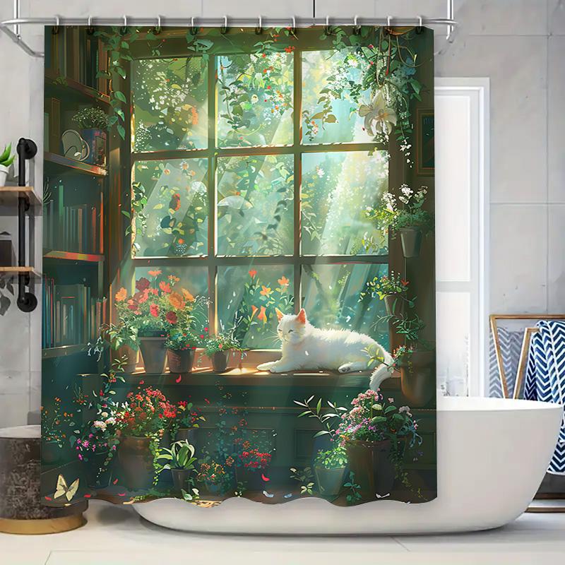 

Graceful White Cat Sunbathing On Windowsill With Lush Greenery And Vibrant Flowers Perfect Home Decor Shower Curtain Easy-Clean W60H190(CM)-1 Pcs
