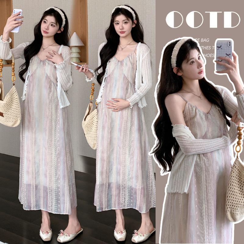 2026 Spring/Summer Korean Chic Resort Spaghetti Strap Dress & Sun Protection Cardigan Maternity Set M
