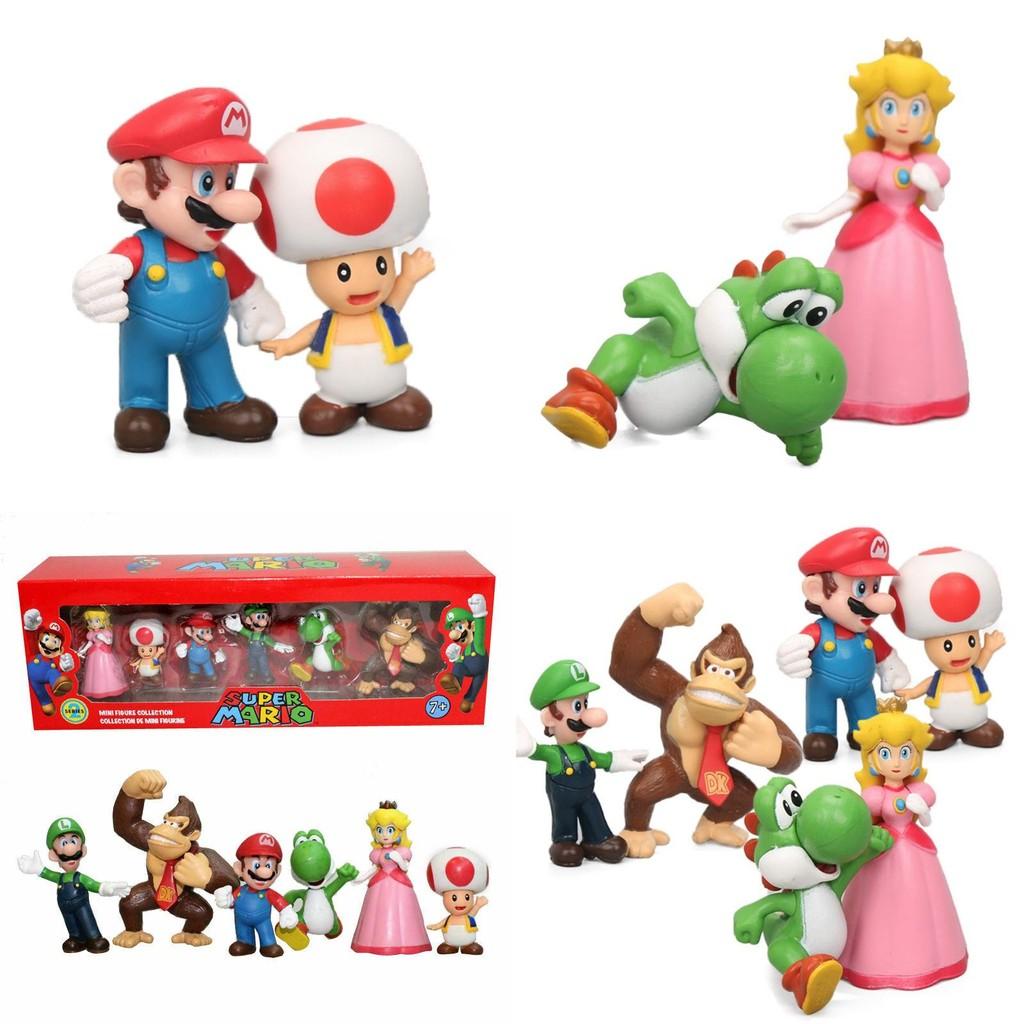 Sześcioelementowy zestaw figurek akcji Super Mario Bros z Luigi, Yoshi i grzybami kolekcjonerskimi dla dzieci