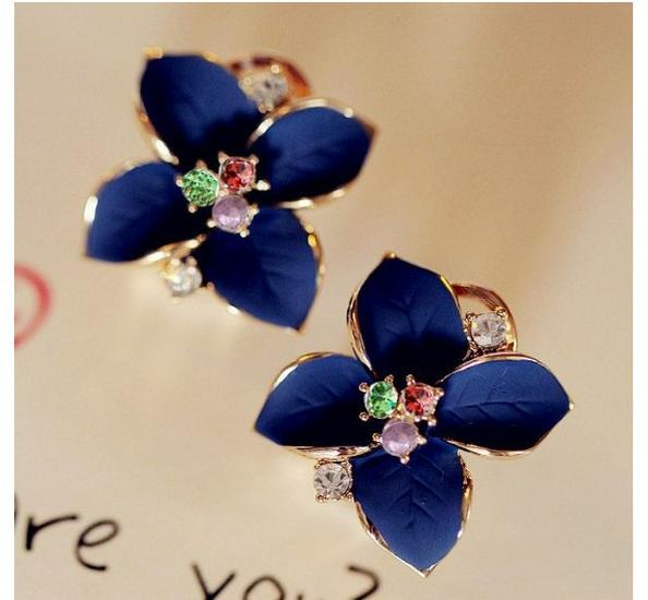 Brincos de Tachinha Camélia Cristal Azul Royal Fosco com Strass - Joias de Estilo Coreano para Mulheres