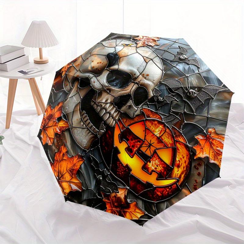 Halloween Skull & Pumpkin Stained Window DecorationUmbrella, PortableFold Compact Umbrella for Men & Women Gift