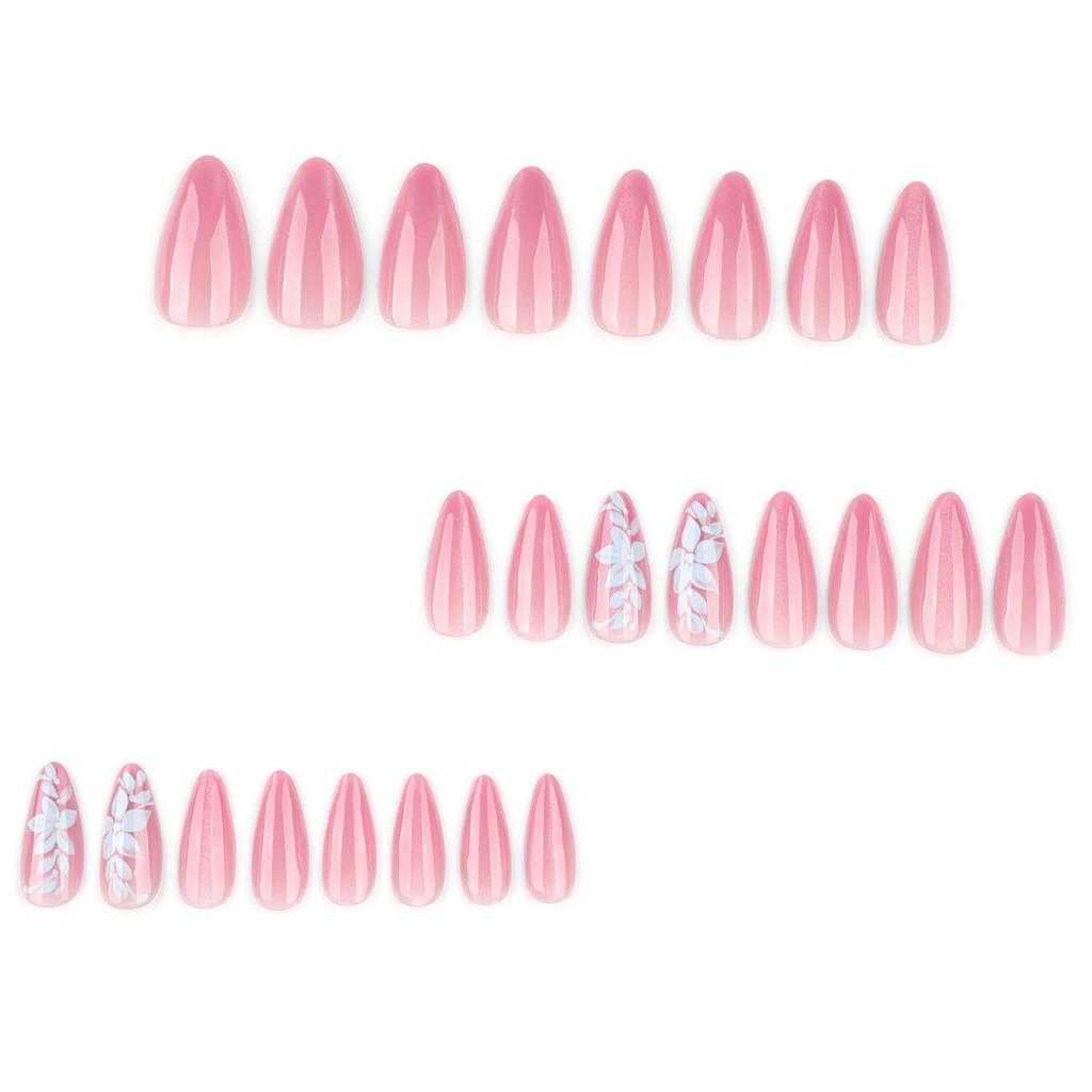 Cat Eye Super Sparkle Long Almond False Nails - Fresh Leaves Flowers Design