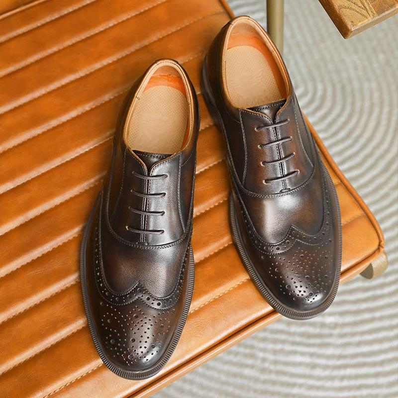 Desai Round Head Block Carved Men'S Casual Leather Shoes First Layer Cowhide Business Dress Wedding Shoes