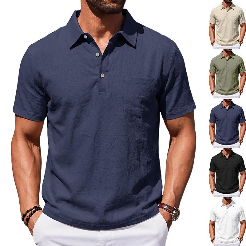 Men's Summer Men's Beach Linen Polo Shirt Loose Casual Simple Lapel Short Sleeve Men
