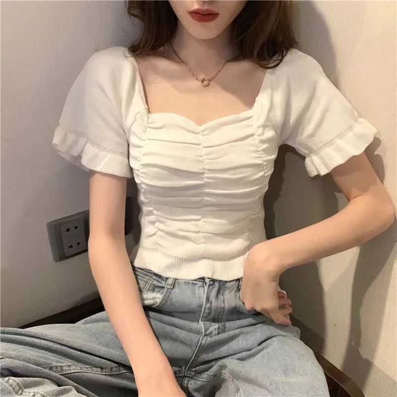 Summer New Fashion Simple Square Neck Design Feeling Short Sleeve Knitted T-shirt Women Solid Ruffles Backless Loose Short Tops